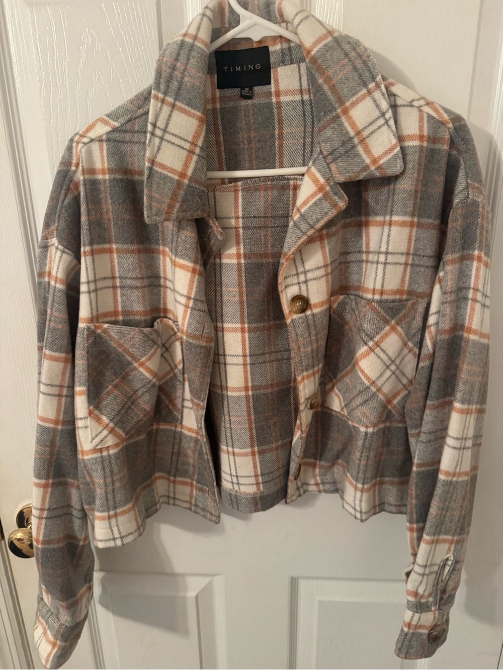 TIMING Plaid Jean Shacket in Gray, Cream & Tan
